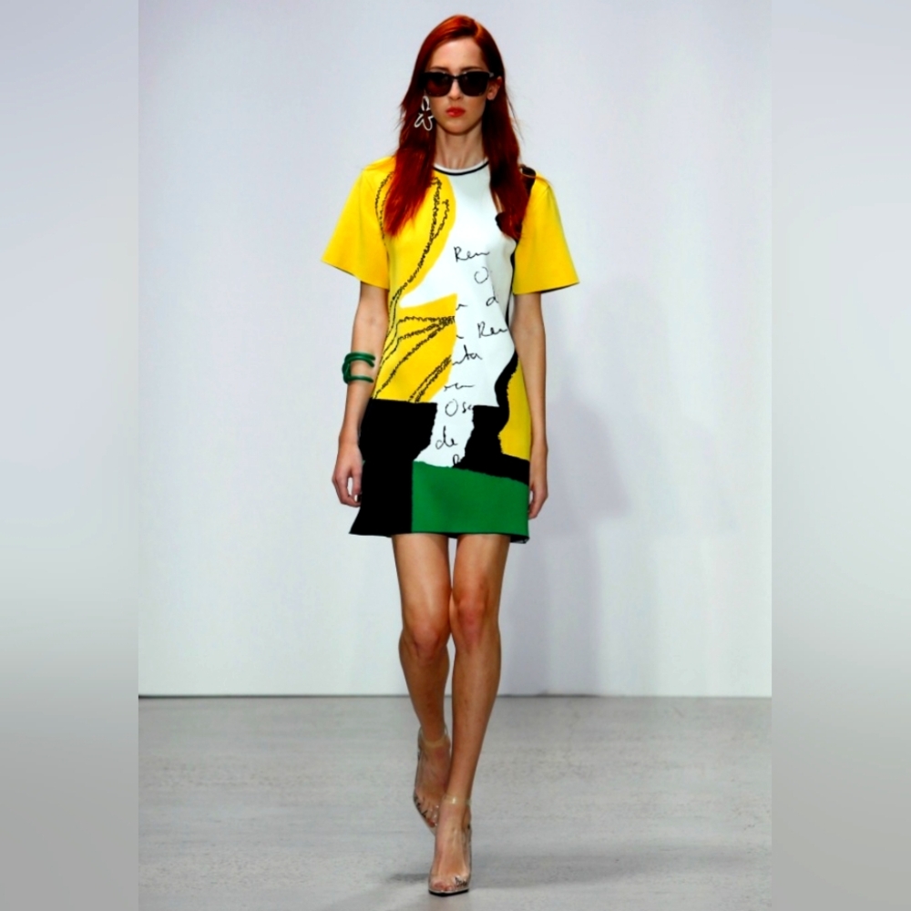 Oscar de la Renta Yellow and Green Graphic Dress